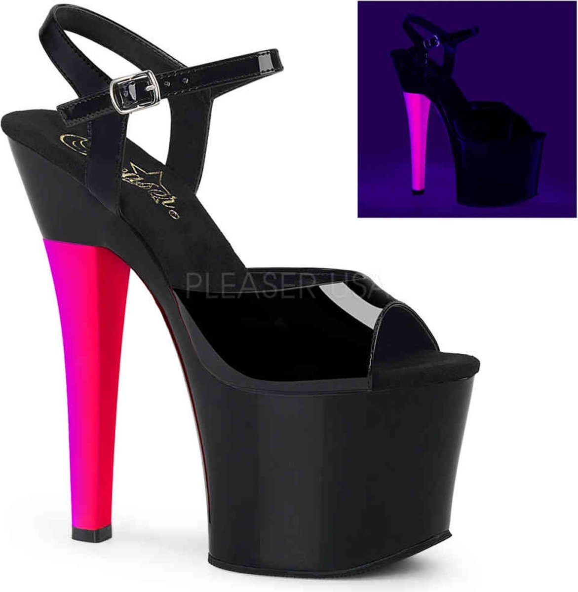 EU 39 = US 9 | RADIANT-709UVH | 7 Heel, 3 1/4 PF Ankle Strap Sandal w/ UV Heel